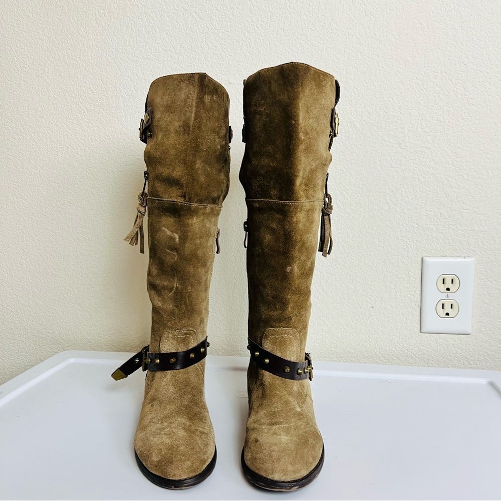 Very Volatile Suede Emperor Brown Gold Plated Knee High Zip Riding Boots - Picture 2 of 12